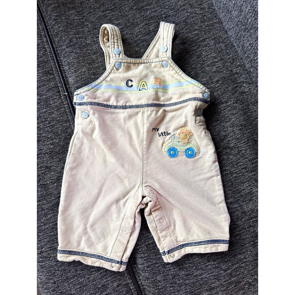 Little Wonders Baby Overall One-Piece 0-3M Cotton Beige Car Embroidered Snap